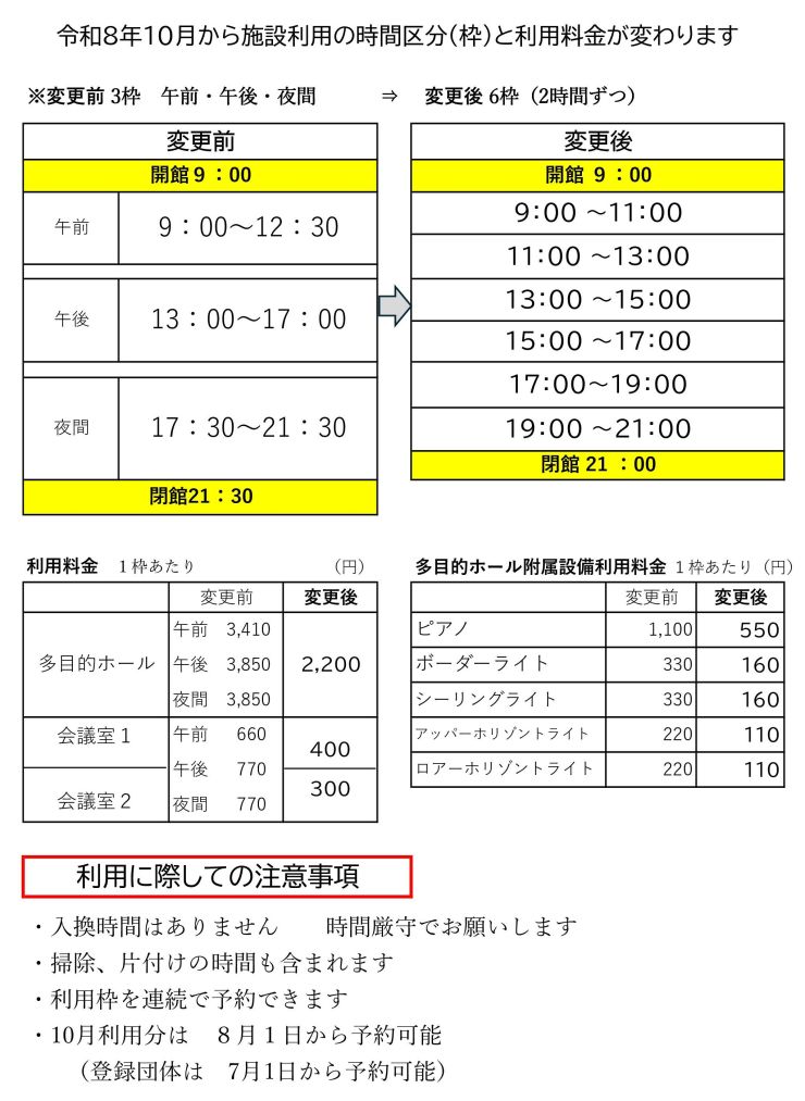 施設利用時間と料金の変更 一覧表