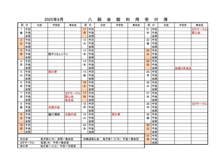 令和7年度八剱会館利用状況8月